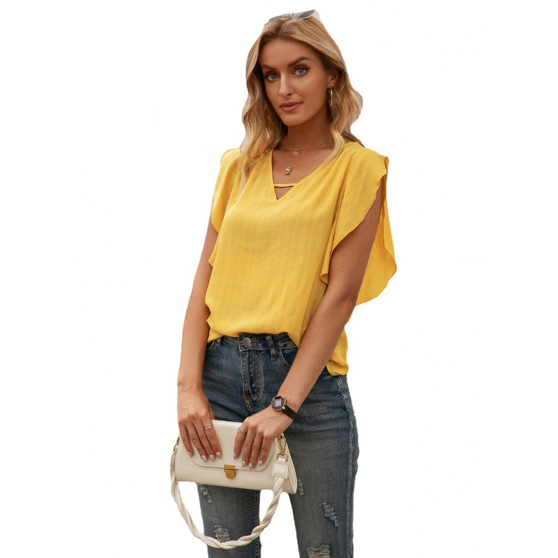 Title 2, Solid Color Lotus Leaf Sleeve V-neck Shirt