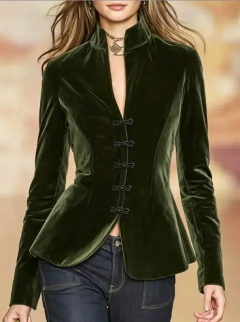 Dark Green Velvet New Chinese-Style Stand-up Collar Fastened