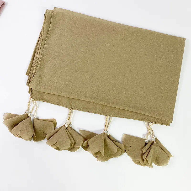 Women's Casual Pearl Chiffon Love Flower Pattern Accessories Baotou Scarf - Khaki