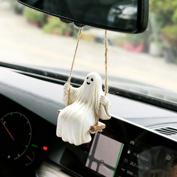 Cute Swinging Ghost Car Mirror Hanging Ornament Halloween Car Interior Accessories Distressed Vintage Ghost
