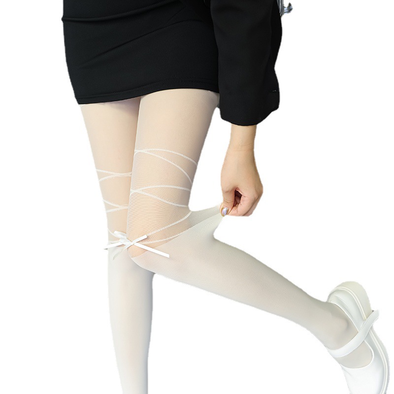 Black & White Cross Strap Bow Tights, Sheer Bandage Style Pantyhose, Coquette Aesthetic Legwear For Women