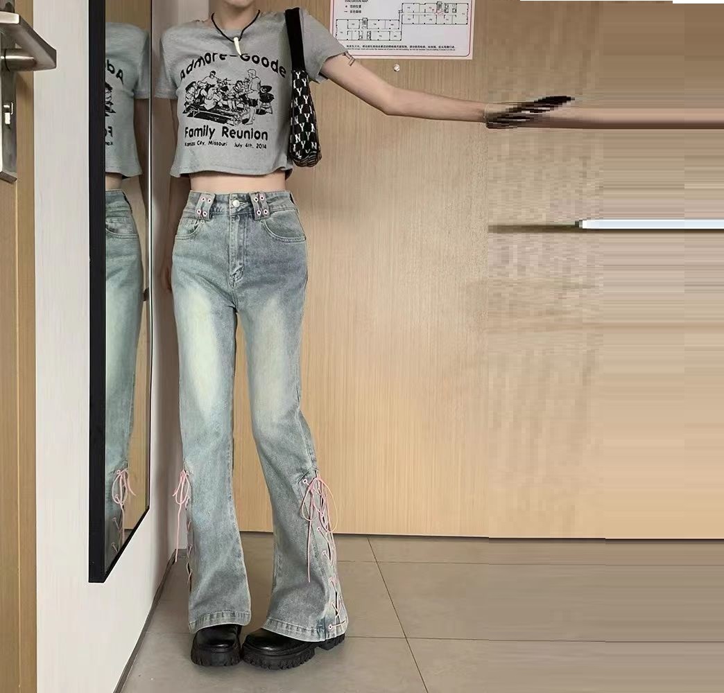 Summer High Waist Lace up Design Sense Niche Slit Flared Pants Blue - Shop at LoveMi