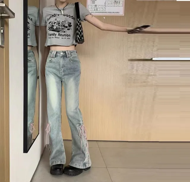 Summer High Waist Lace up Design Sense Niche Slit Flared Pants Light Blue - Shop at LoveMi