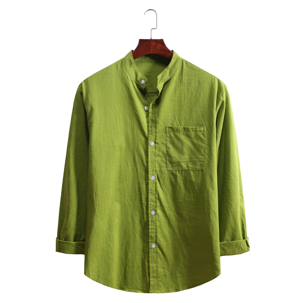 Men's Stand-collar Cotton Linen Long-sleeved Shirt