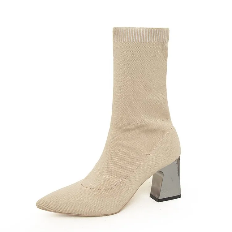 New Women's Pointed Toe Mid-tube Fashion High Heel Boots - Beige