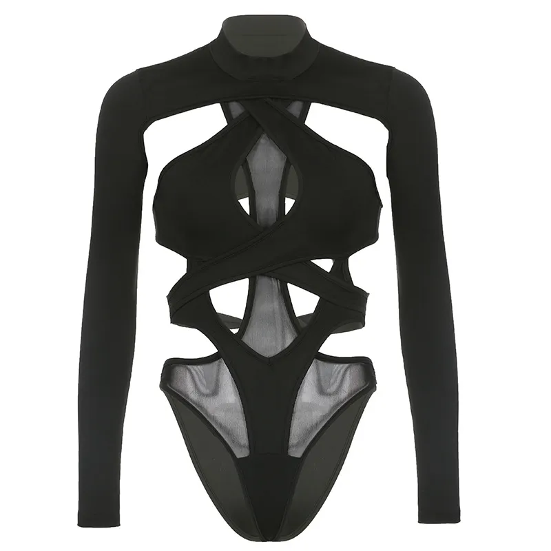 Summer New Fashion Solid Colour Tight Cutout Bodysuit - Black