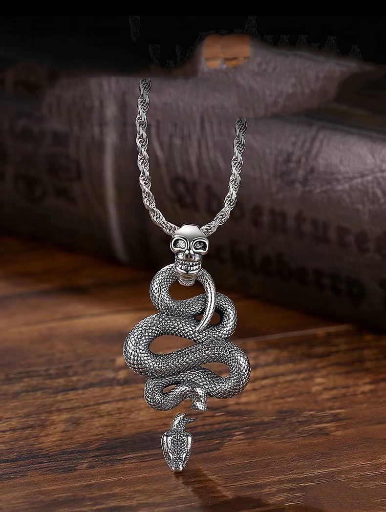 Silver Zodiac Python Skull Necklace Pendant Vintage Personality S925