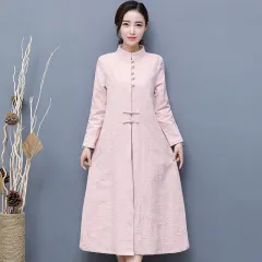 Women's Art Retro Cotton And Linen Windbreaker - Pink - View 1