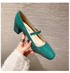 French Retro One Word With New Square Toe Mary Jane Shoes - Green - View 1