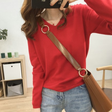 Title 15, Loose Slimming V-neck Solid Color Long-sleeved ...