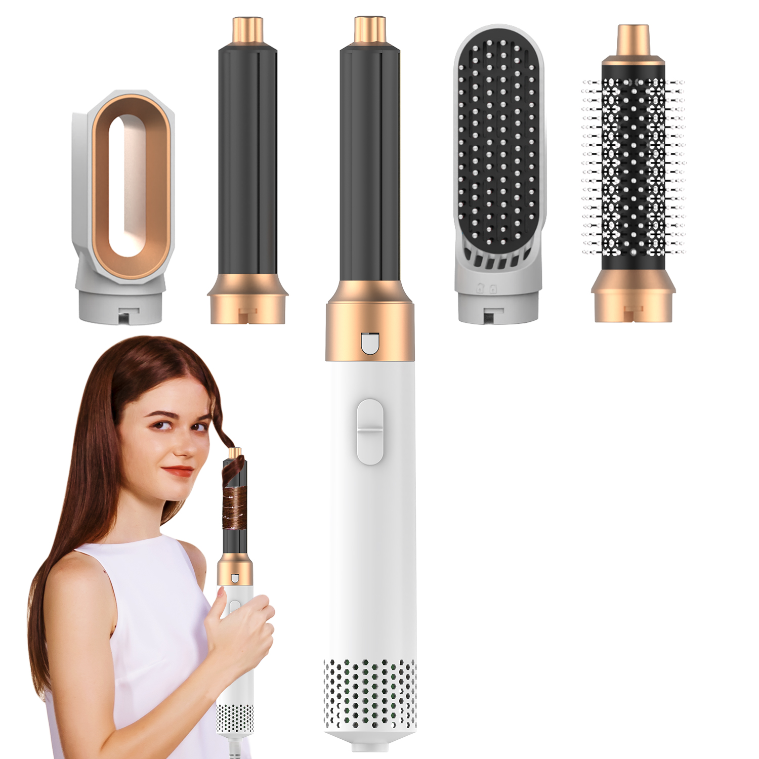 5-in-1 Hair Dryer Brush, White Gold. 5 IN 1 HAIR STYLER SET: The versatile stylers attach to the styling wand & hair dryer and give you the power to explore styles for any hair type. The 5 in 1 hair dryer brush set includes 1x hair dryer for fast drying, 