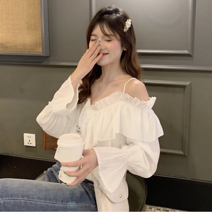 New Summer Korean Retro Ruffled Off-shoulder White Chiffon Shirt Tide