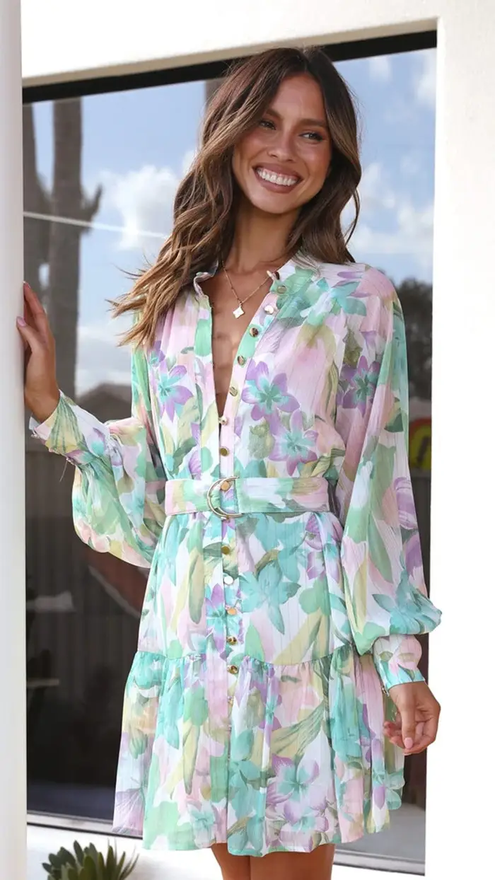 Printed Graceful Stand Collar Long Sleeve Ins Casual Dress