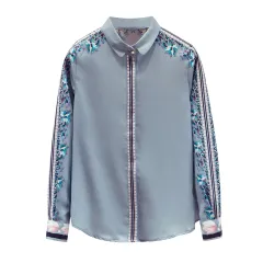 Silk Ladies Shirt Print Elegant Long Sleeve Top - Blue - View 1