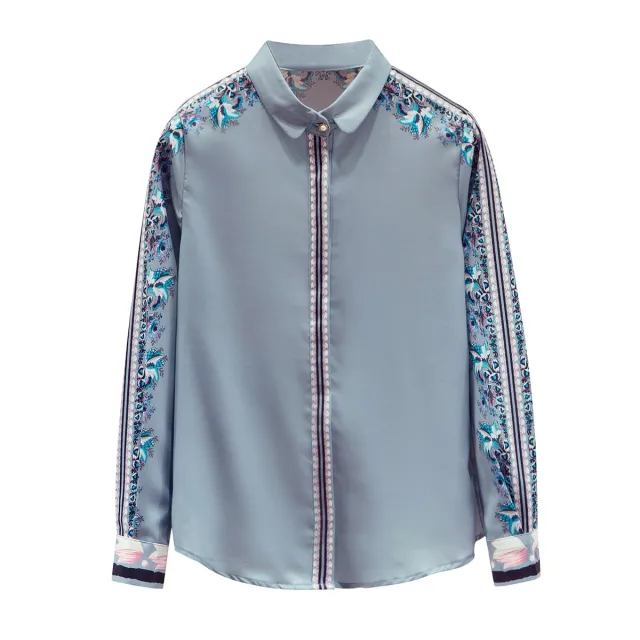 Silk Ladies Shirt Print Elegant Long Sleeve Top Blue - Shop at LoveMi