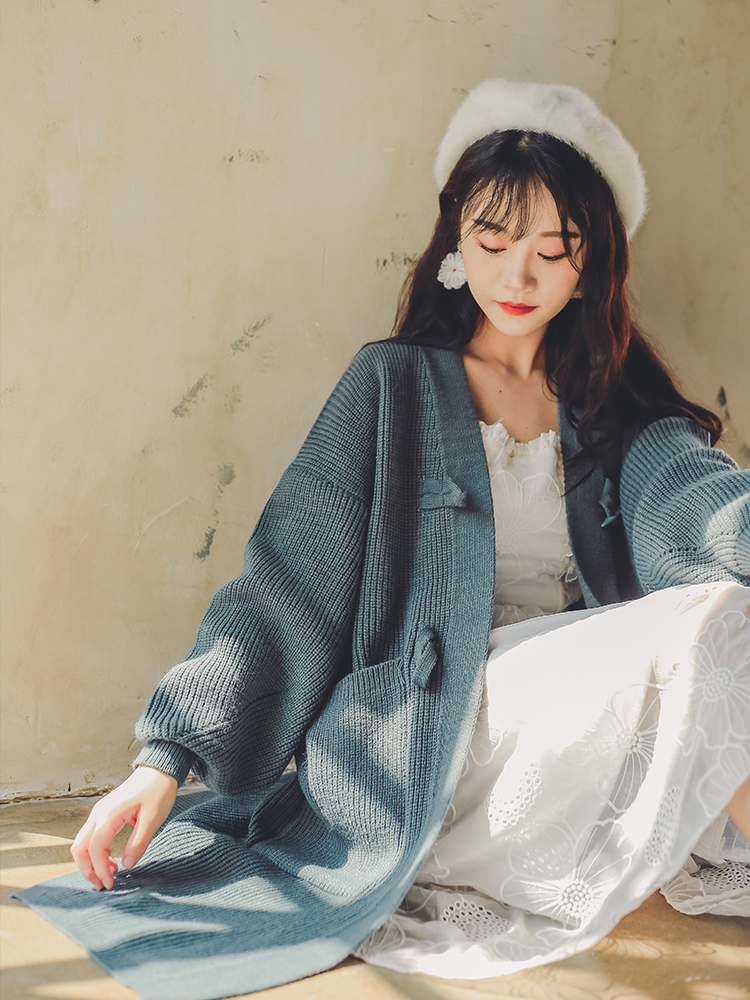 Retro Lantern Sleeve Knit Cardigan Women's Mid-length Loose Fit