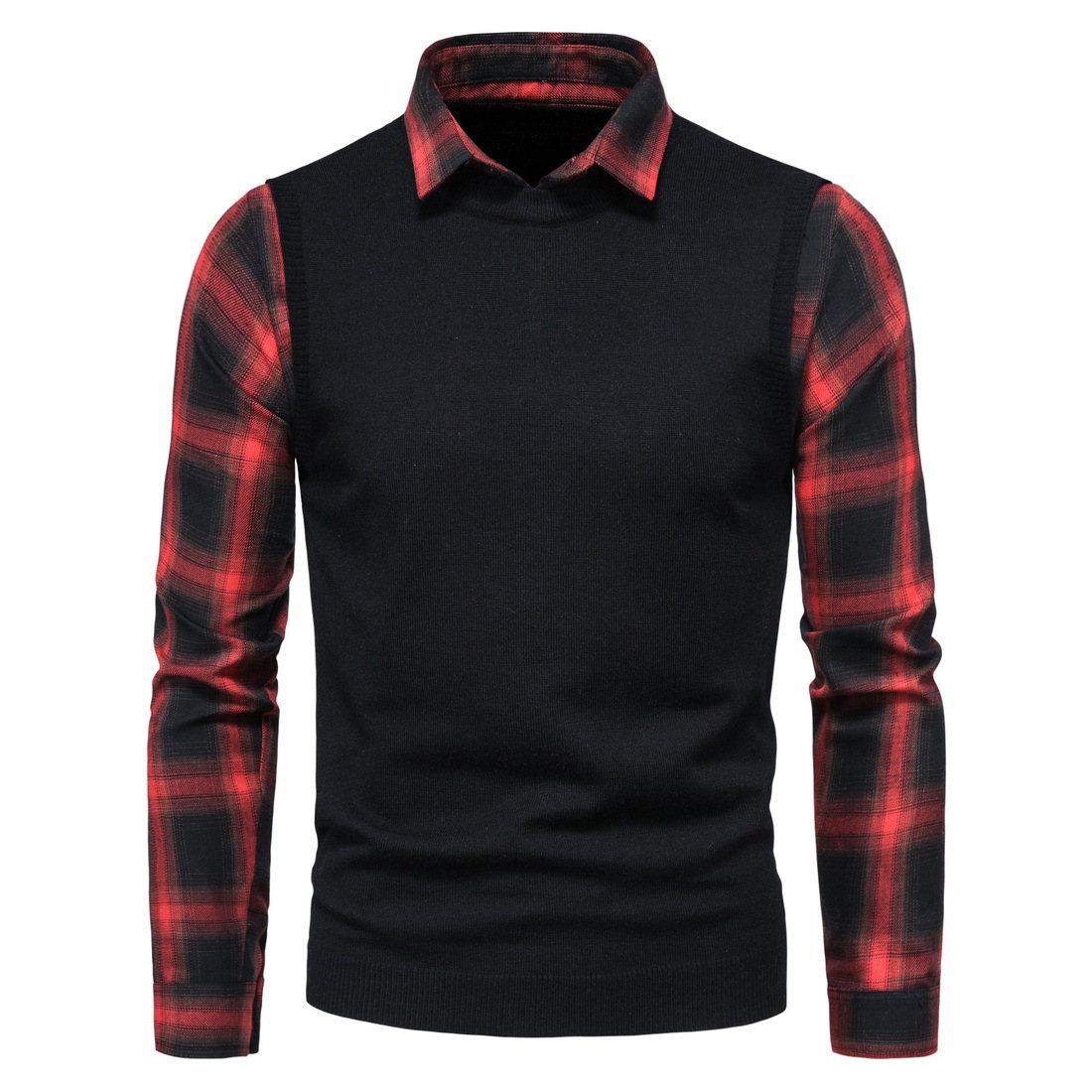 Title 6, Black And Red Plaid Shirt Lapel Fake Two Sweaters