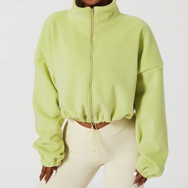 Outdoor Cashmere Sports Coat Women's Autumn Stand Collar Loose Lime Green - Shop at LoveMi