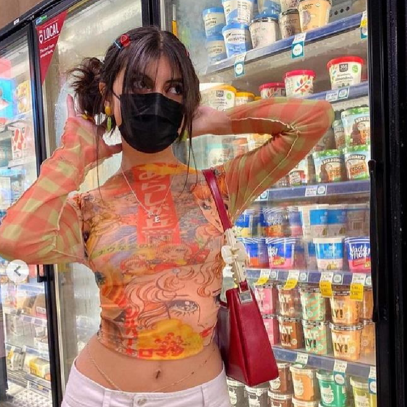 Ladies 3D Printed Girl Portrait Orange Mesh Long Sleeve