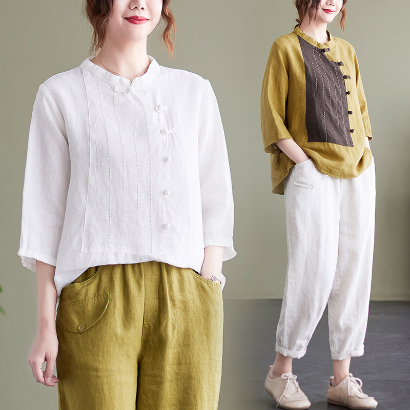 Stand Up Collar Button Contrast Patchwork Cotton Linen Shirt