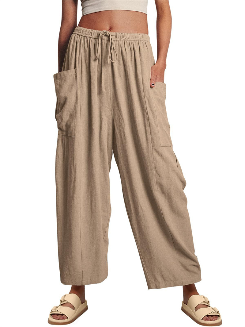 Fashion Wide Leg Pants Summer Loose Elastic High Waist Pleated Trousers Solid Color Womens Clothing Khaki - Shop at LoveMi