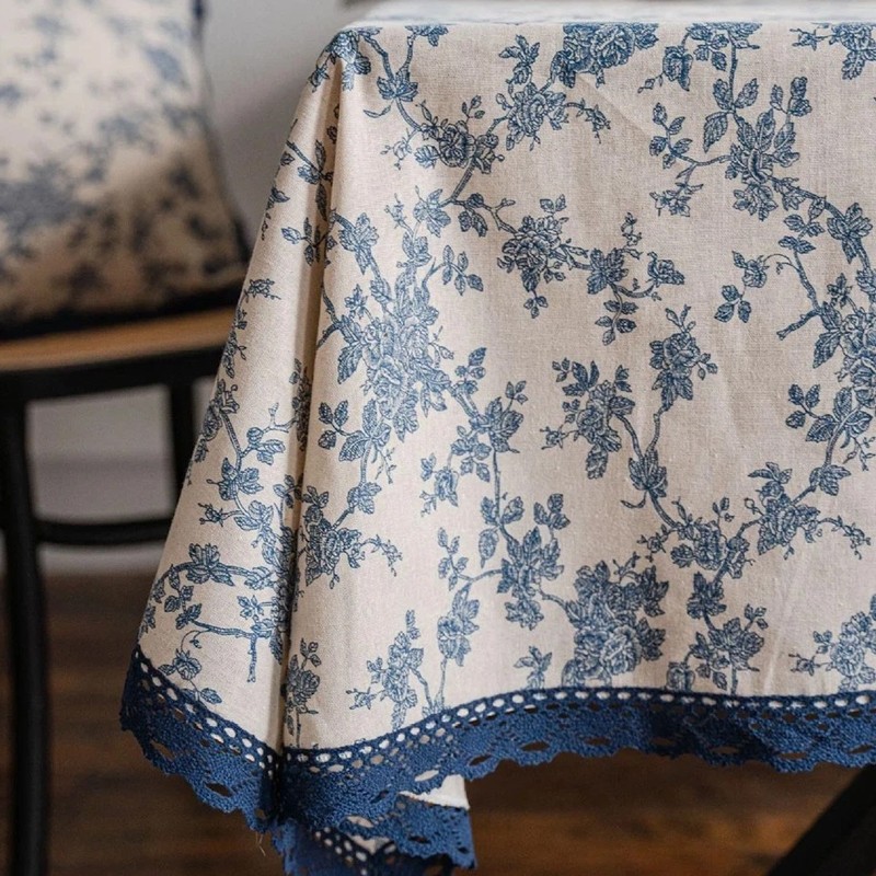 140 X 200cm Flower Pattern Tablecloth Linen Cotton Table Cloth Blue Rose Dining — image 7