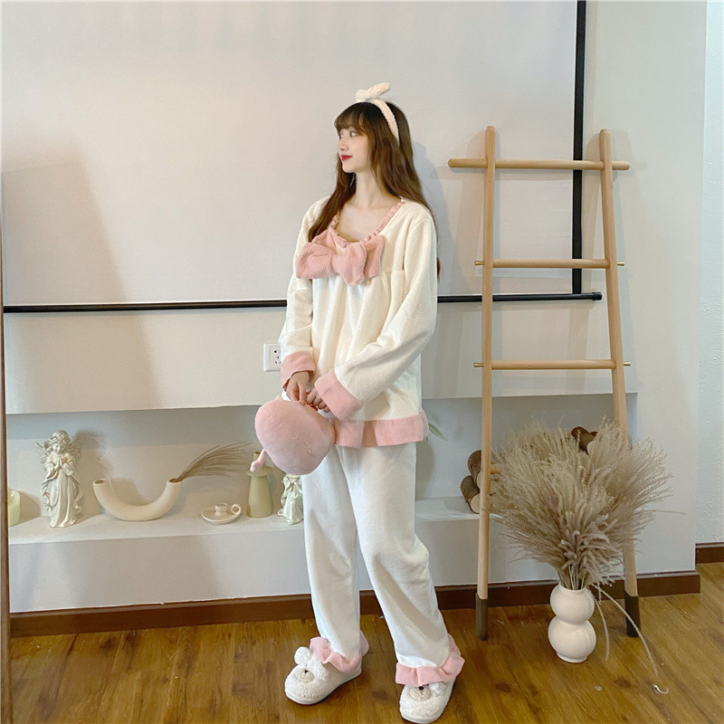 Title 5, Winter Cute Plush Bow One-piece Long Pajamas