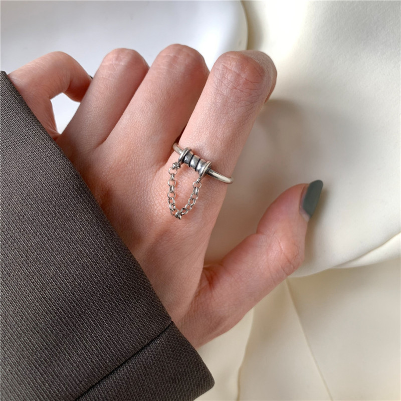 S925 Silver Ring Ring Female Retro Geometric Chain