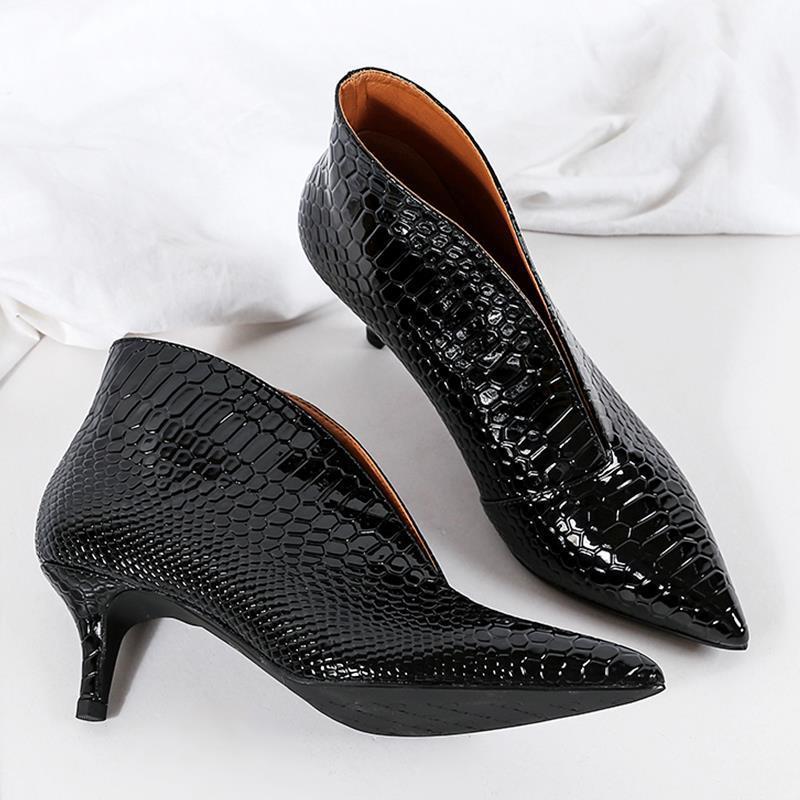 Pointed Toe Thin High Heel Lacquer Short Boots For Women Black - Shop at LoveMi