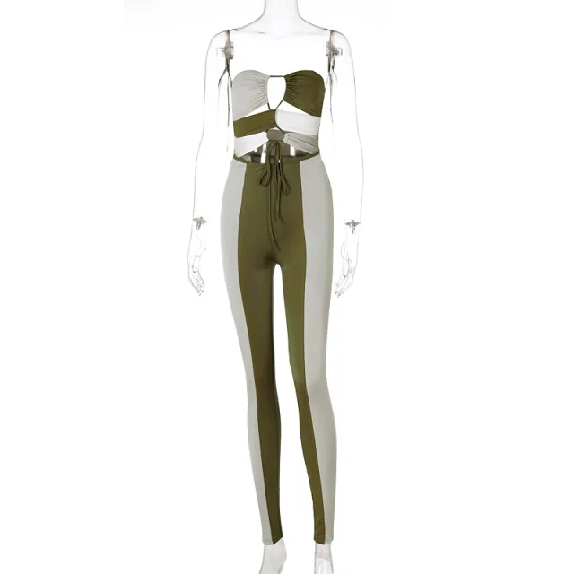 Contrasting Color Sleeveless Backless Lace up Tights Army Green - Shop at LoveMi