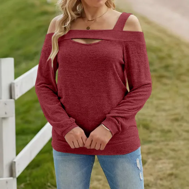 Womens Cold Shoulder Top Cut Out Long Sleeve Basic T Shirts Casual Blouse Tshirts Red - Shop at LoveMi