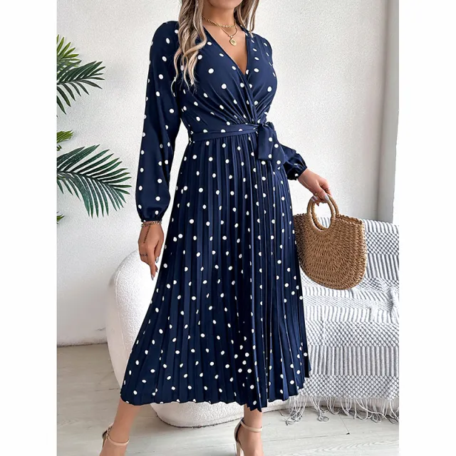 Women's Polka Dot Maxi Dress V Neck Long Sleeve A Line Dress With Belt & Pleats For Spring Fall Navy Blue - Shop at LoveMi