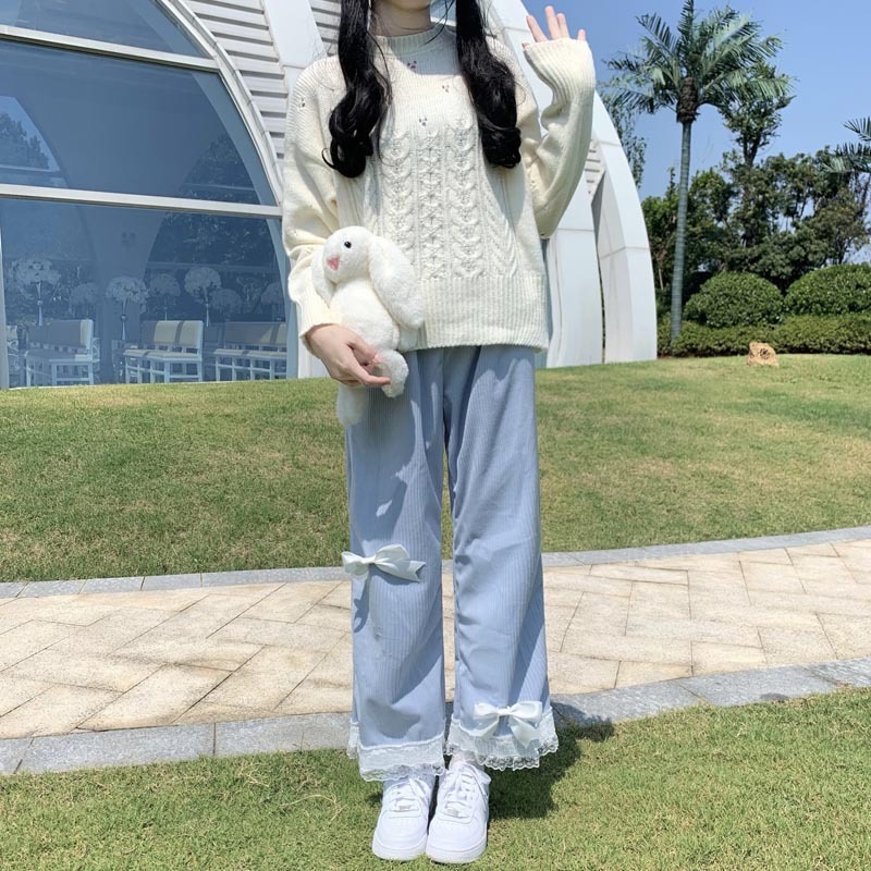 Japanese Style Cute Sister Lace Wide-leg Pants Loose Casual Small High Waist Pants