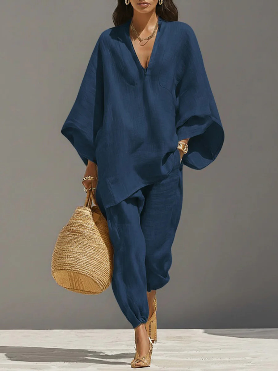 Batwing Sleeve V-Neck Loose Linen Blend Top & Jogger Pants Two-Piece Set