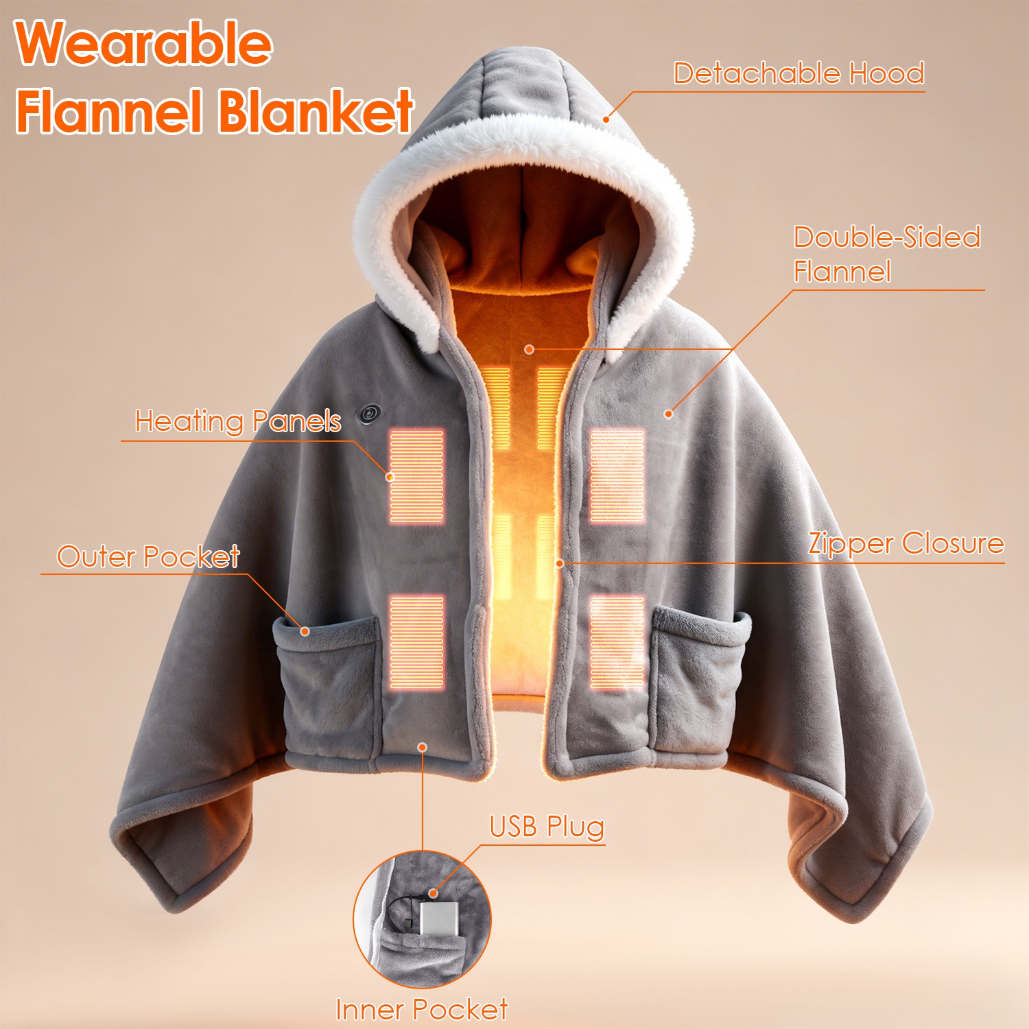 Wearable Heated Throw Blanket With 20000mah Battery Pack Double Sided Flannel Portable Electric Heating Hoodie For Women Men Machine Washable 3 Heating Levels Battery Operated