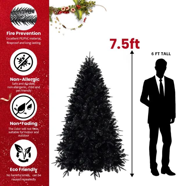 Prelit Black Christmas Tree With White Lights Artificial Fake Christmas Tree With PE&PVC Branch Tips For Halloween And Xmas Tree For Holiday Decora... Half Of 15Ft - Shop at LoveMi