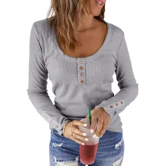 Solid Colour Slim Square Neck Knitted T-shirt For Women - Lc2513783 Grey - View 1