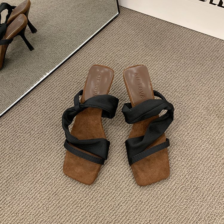 Square Toed Sandals For Women Wearing Fashionable French Style Slim Heels And Small High Heels