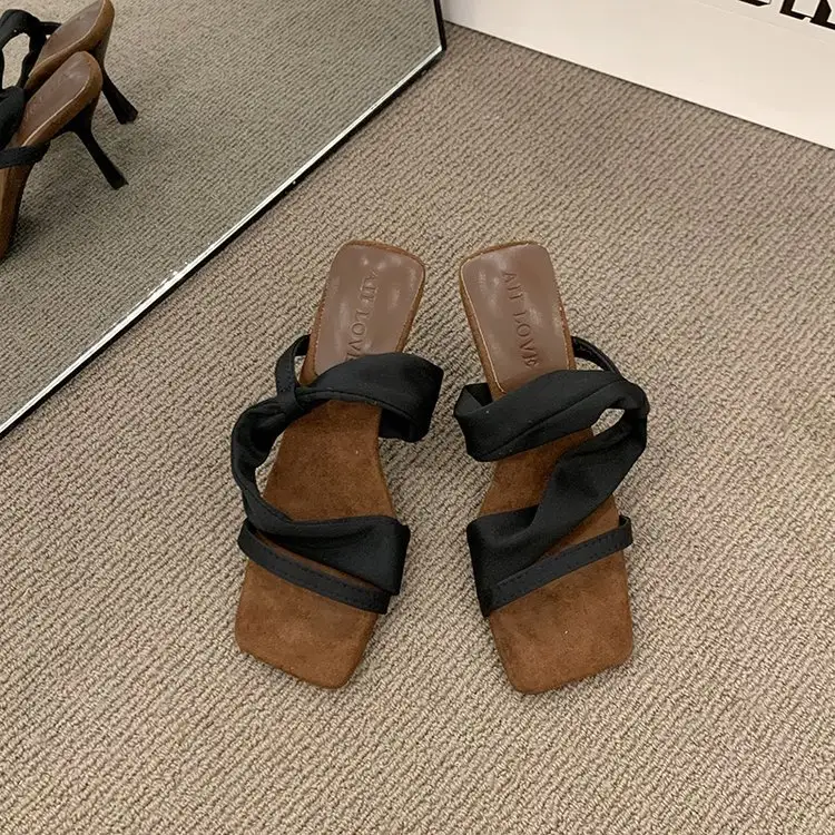 Square Toed Sandals For Women Wearing Fashionable French Style Slim Heels And Small High Heels