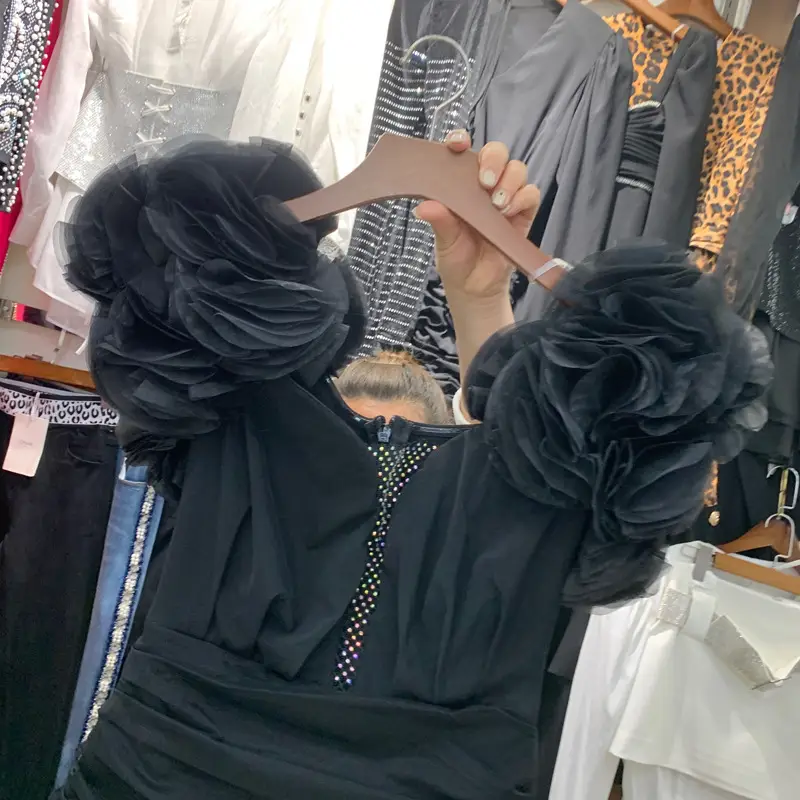Net Drill See-through Off-neck Three-dimensional Flower Dress