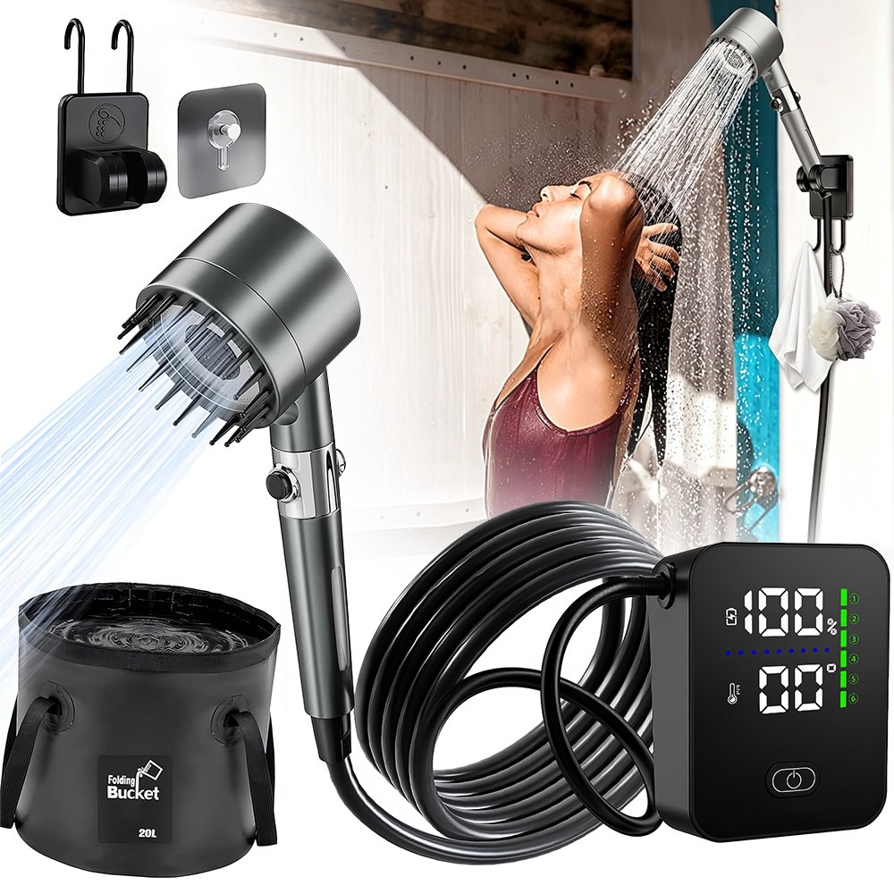 Portable Shower Pump USB Rechargeable W 20L Collapsible Bucket Camping Wash — image 4