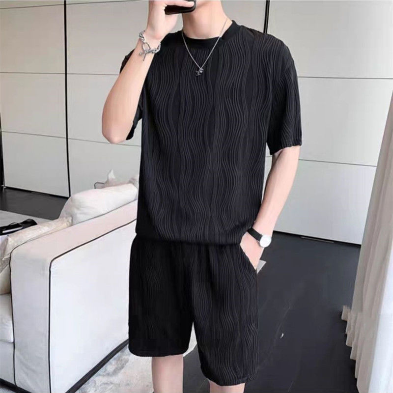 New Men's Ice Silk Fashion Short Sleeve Shorts Set