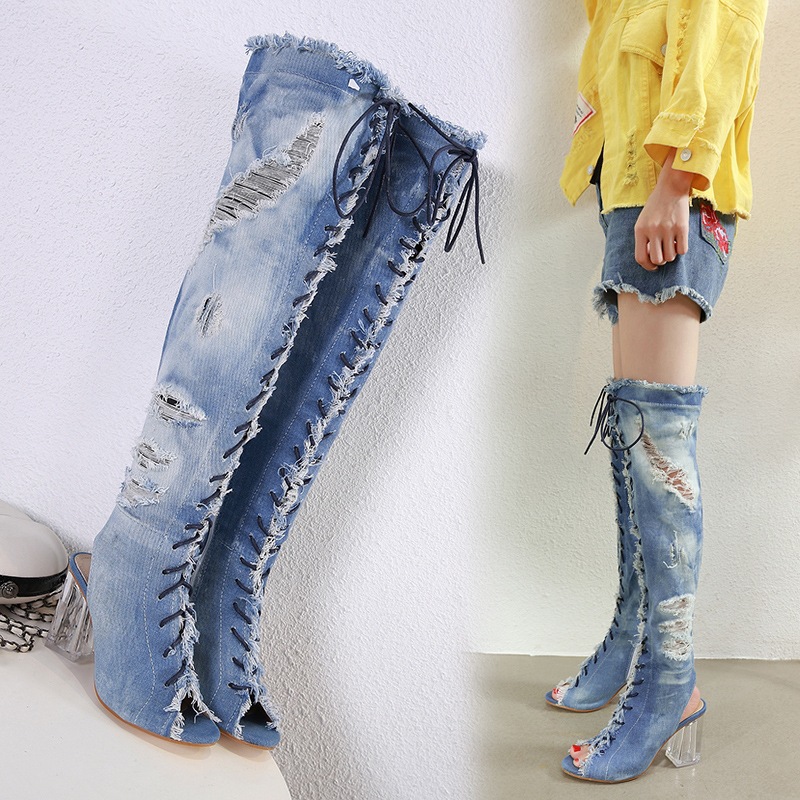 Title 1, Crystal Block Heel Denim Fish Mouth Strap Roman...