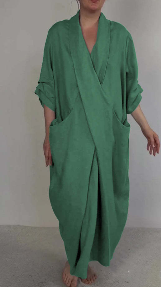 Linen Blend V-Neck Wrap Dress With Pockets