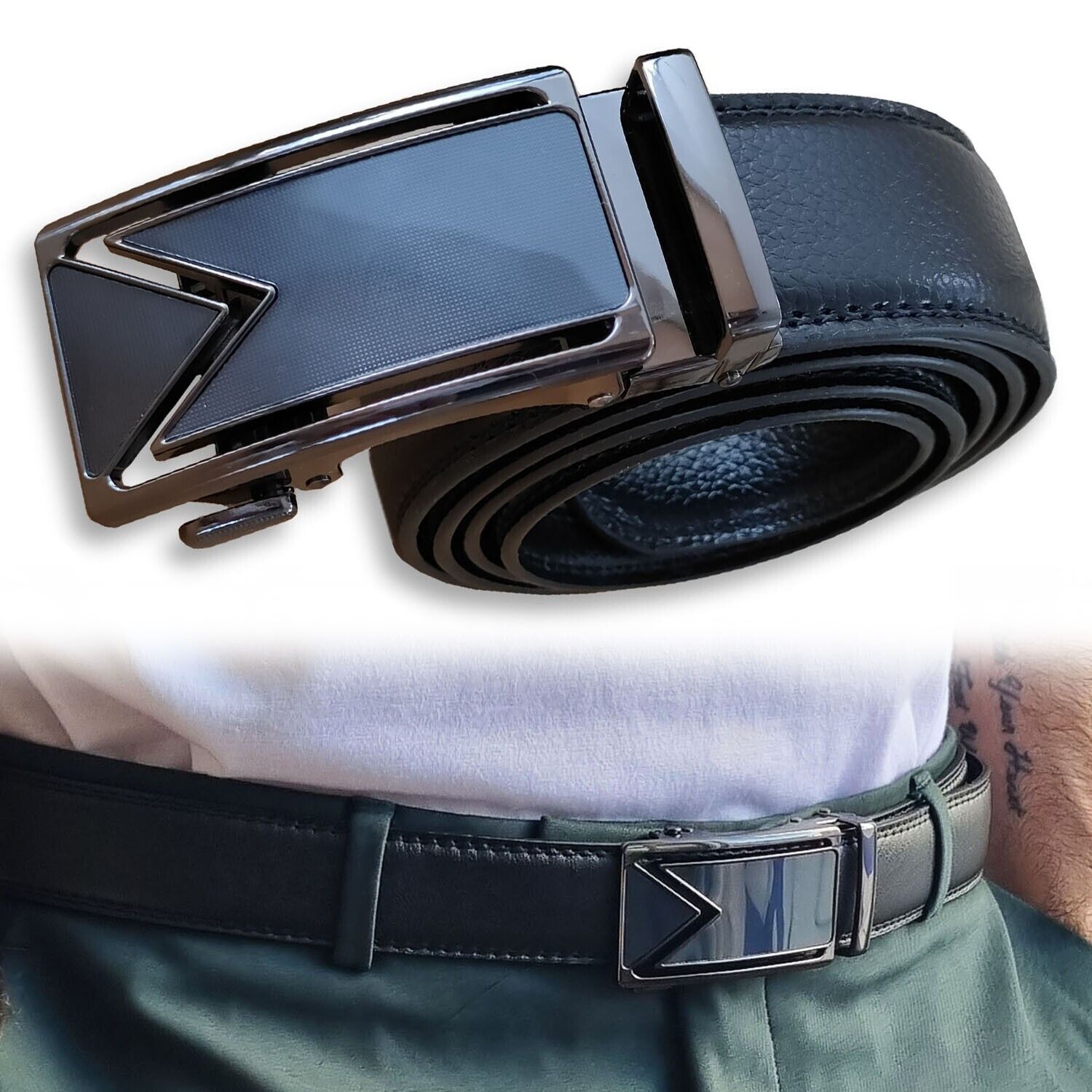 Slide Buckle Ratchet Belt - Genuine Leather - USA. We ship only inside the US, USPS First Class Package, 2 Day Handling, 2-5 Day Shipping. Microfiber PU Leather Ratchet Belt Belts For Men Adjustable Size with Automatic Slide Buckle No Holes by SHAVIT. Rat