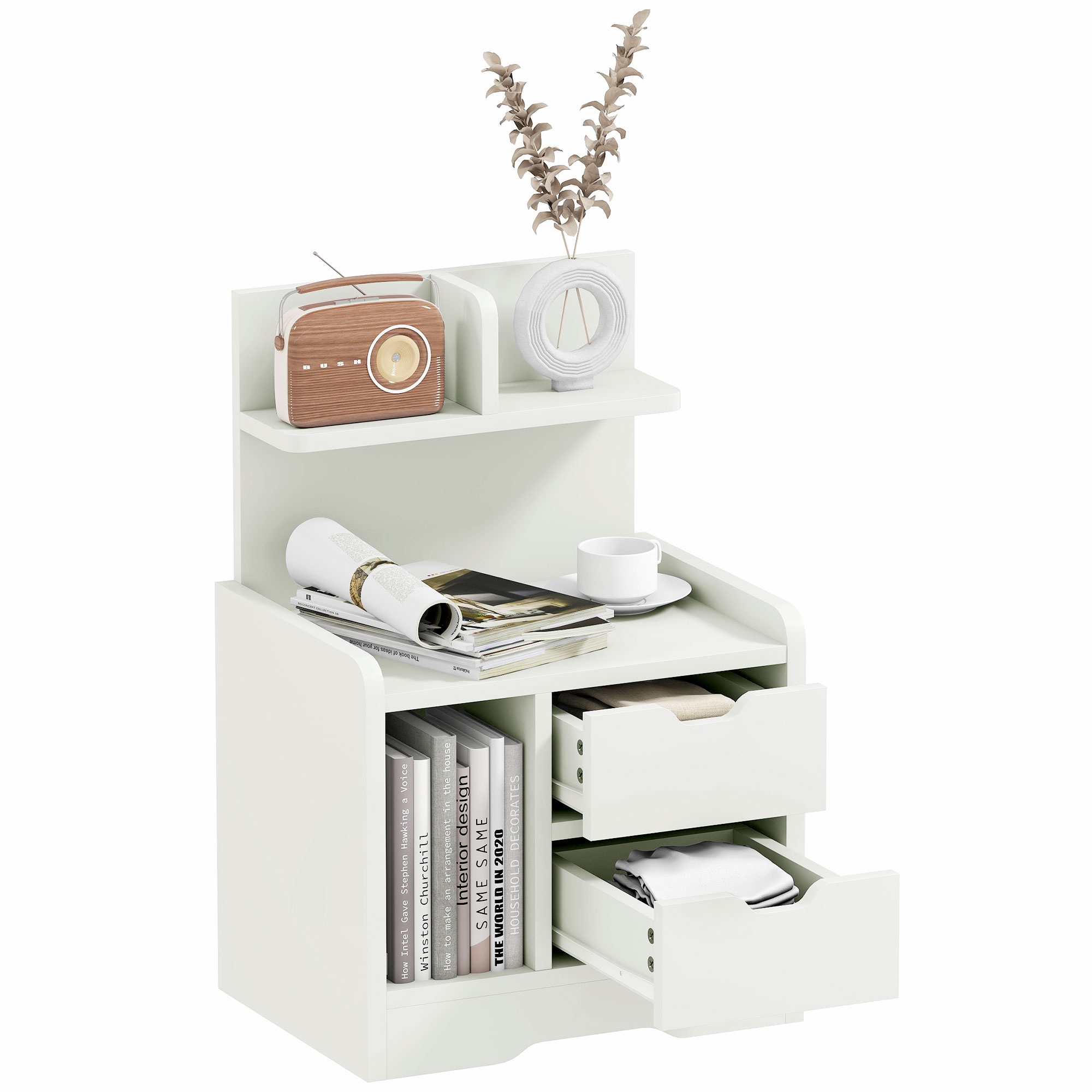 Bedside Table, Small With 2 Drawers And Storage Rack, Modern Bedroom White — image 9