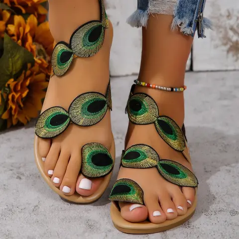 Fashion Peacock Embroidery Pattern Flat Sandals Summer Vacation Casual