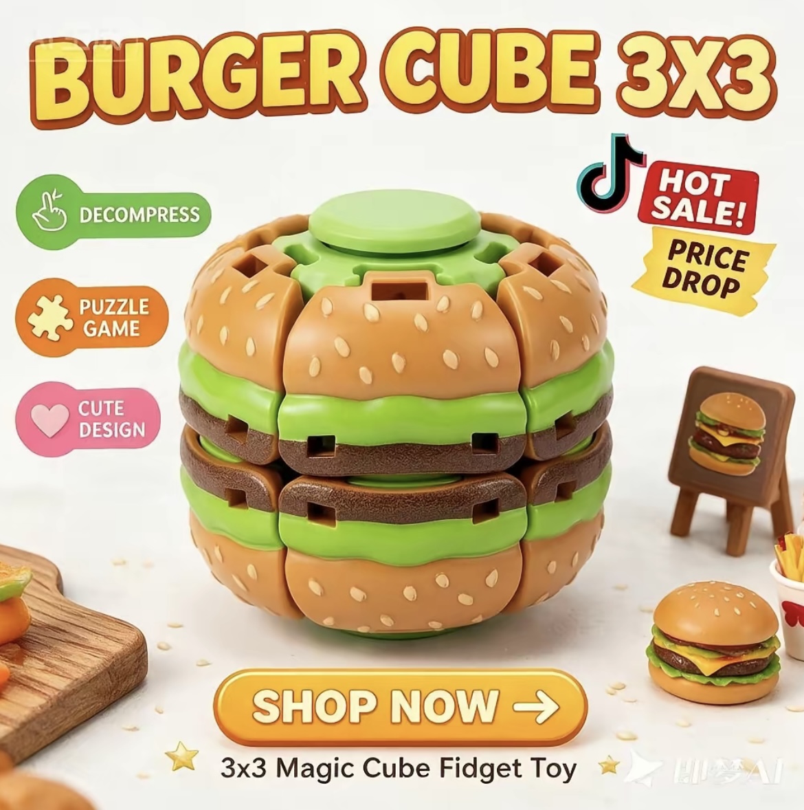 Burger Push Spinner Fidget Toy, Smooth Sensory Desk Toy For Teens & Adults