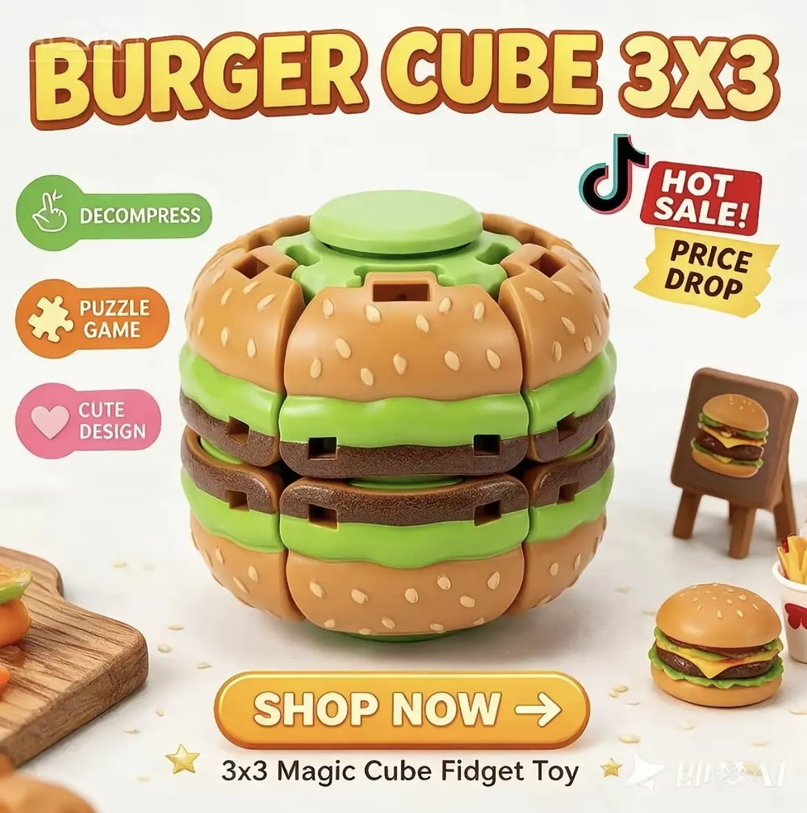 Burger Push Spinner Fidget Toy, Smooth Sensory
