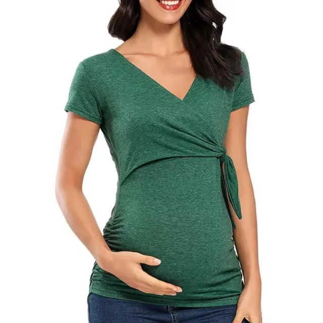 Cross V Neck Breastfeeding T Shirt Maternity Top Green - Shop at LoveMi